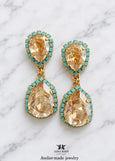 Champagne Chandelier Earrings, Bridal Champagne Drop Earrings, Light Yellow Wedding Earrings, Statement Bridal Gold Turquoise Earrings