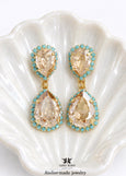 Champagne Chandelier Earrings, Bridal Champagne Drop Earrings, Light Yellow Wedding Earrings, Statement Bridal Gold Turquoise Earrings