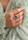 Purple Cocktail Crystal Ring, Purple Violet Green Adjustable Ring, Mulberry Purple Statement Ring, Adjustable Crystal Ring