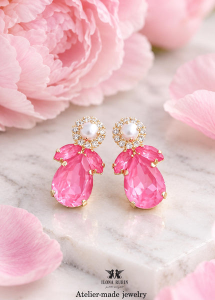 Pink Cluster Bridal Earrings, Dahlia Pink embellished with Swarovski crystal Earrings, Gift for Woman, Hot Pink Bridesmaid Jewelry