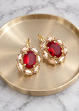 Ruby Red Embellished Swarovski Crystal Earrings, Bridal Garnet Red Crystal Champagne Halo Drop Earrings, Dark Red Wedding Jewelry