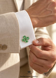 Green Clover Cufflinks, Irish Wedding Cufflinks, Four Leaf Clover Cufflinks, Good Luck Cufflinks, Emerald Crystal Groom Groomsmen Gift