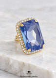 Blue Cocktail Crystal Ring, Statement Cobalt Blue Crystal Ring, Dark Blue Adjustable Crystal Cocktail Ring, Blue Emerald Cut Crystal Ring.