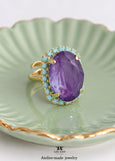 Purple Cocktail Crystal Ring, Purple Violet Green Adjustable Ring, Mulberry Purple Statement Ring, Adjustable Crystal Ring