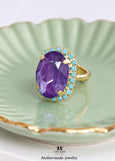 Purple Cocktail Crystal Ring, Purple Violet Green Adjustable Ring, Mulberry Purple Statement Ring, Adjustable Crystal Ring