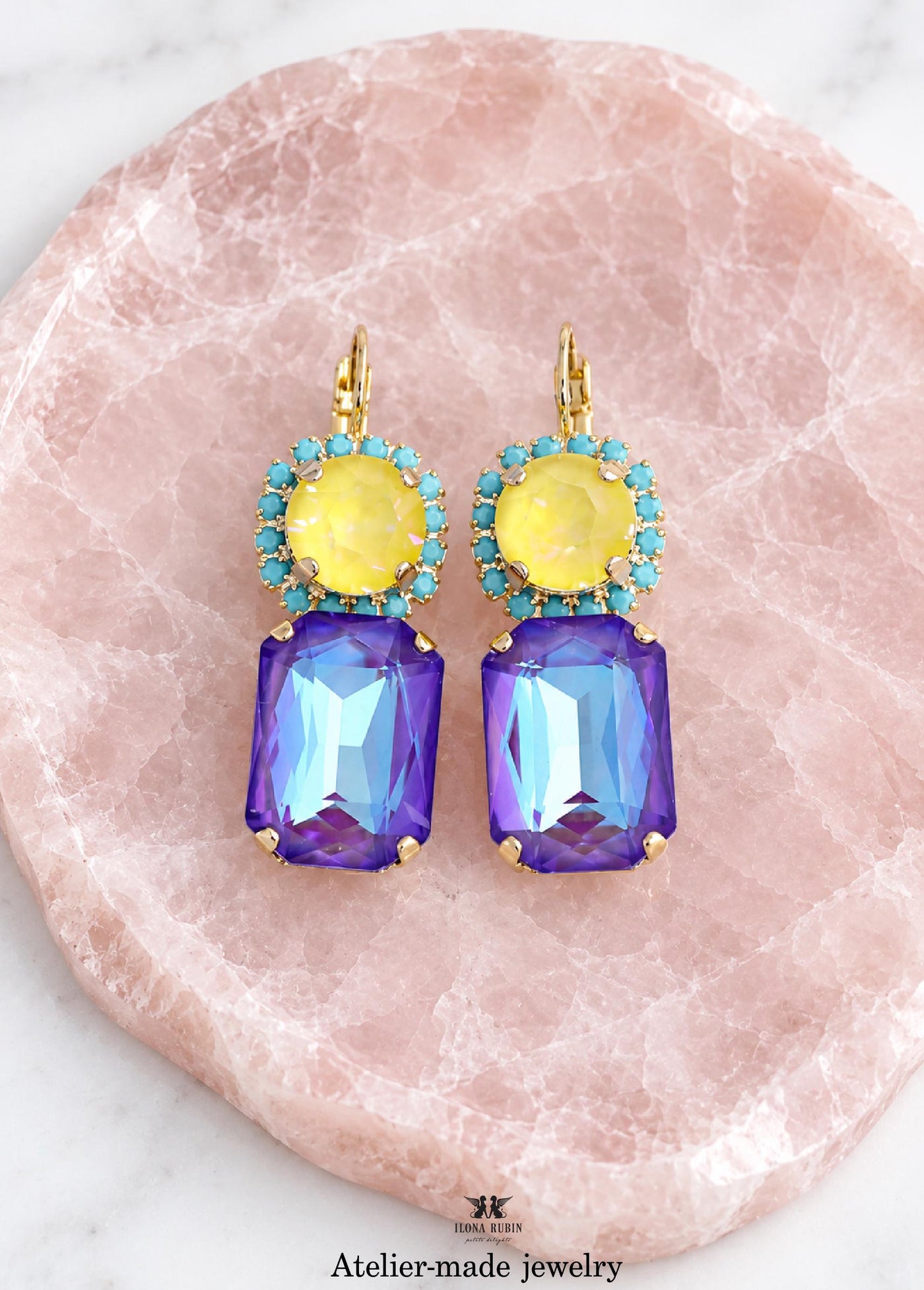 Purple Yellow Drop Earrings, Violet Crystal Lever Back Earrings, Electric Yellow Purple Jewelry, Dark Purple Wedding Jewelry