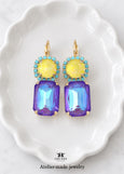 Purple Yellow Drop Earrings, Violet Crystal Lever Back Earrings, Electric Yellow Purple Jewelry, Dark Purple Wedding Jewelry