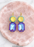 Purple Yellow Drop Earrings, Violet Crystal Lever Back Earrings, Electric Yellow Purple Jewelry, Dark Purple Wedding Jewelry
