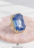 Blue Cocktail Crystal Ring, Statement Cobalt Blue Crystal Ring, Dark Blue Adjustable Crystal Cocktail Ring, Blue Emerald Cut Crystal Ring.
