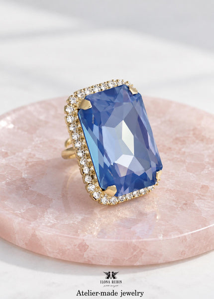 Blue Cocktail Crystal Ring, Statement Cobalt Blue Crystal Ring, Dark Blue Adjustable Crystal Cocktail Ring, Blue Emerald Cut Crystal Ring.