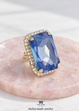Blue Cocktail Crystal Ring, Statement Cobalt Blue Crystal Ring, Dark Blue Adjustable Crystal Cocktail Ring, Blue Emerald Cut Crystal Ring.