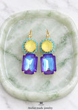 Purple Yellow Drop Earrings, Violet Crystal Lever Back Earrings, Electric Yellow Purple Jewelry, Dark Purple Wedding Jewelry
