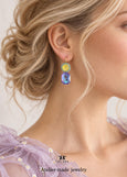 Purple Yellow Drop Earrings, Violet Crystal Lever Back Earrings, Electric Yellow Purple Jewelry, Dark Purple Wedding Jewelry