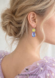 Purple Yellow Drop Earrings, Violet Crystal Lever Back Earrings, Electric Yellow Purple Jewelry, Dark Purple Wedding Jewelry