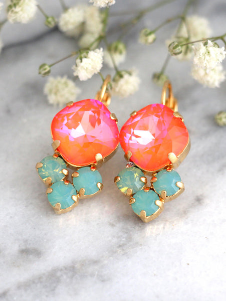 Coral Mint Crystal Swarovski Dangle Drop Earrings