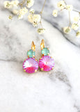 Pink Green Earrings, Red Pink Earrings, Pink Green Drop Earrings
