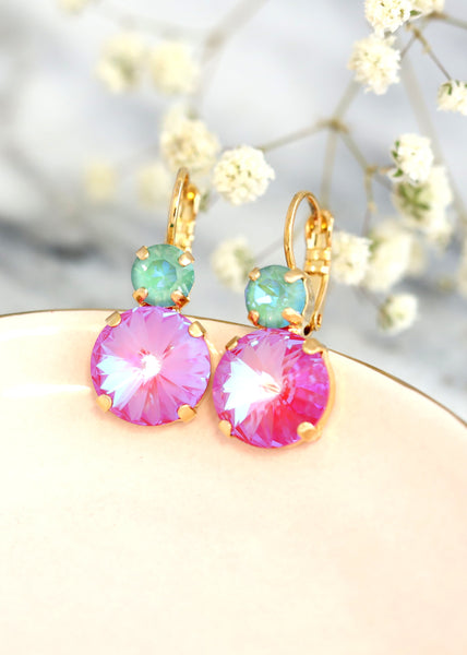Pink Green Earrings, Red Pink Earrings, Pink Green Drop Earrings