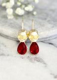 Skull Gold  Earrings, Sugar Skull Ruby Red Drop Earrings