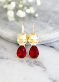 Skull Gold  Earrings, Sugar Skull Ruby Red Drop Earrings