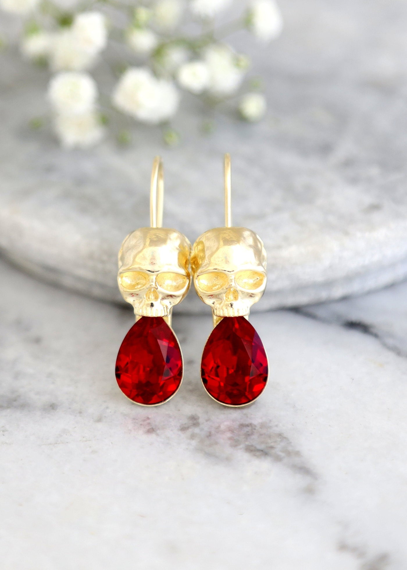 Skull Gold  Earrings, Sugar Skull Ruby Red Drop Earrings