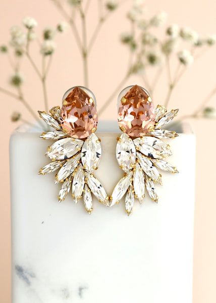 Blush Statement Earrings, Bridal Blush Clip On  Earrings, Blush Rose Bridal Earrings, Bridal Blush Earrings, Big Earring, Morganite Earrings