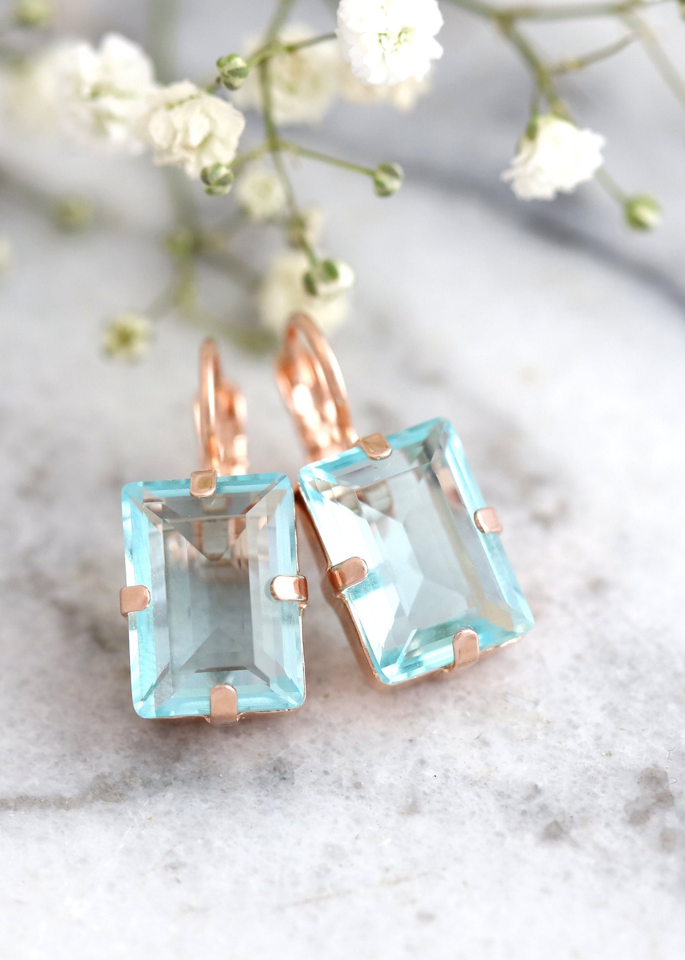 Bridal Aquamarine Clear Crystal Drop Emerald Cut Earrings