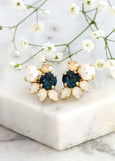 Abby Blue Navy White Pearl Crystal Cluster Earrings
