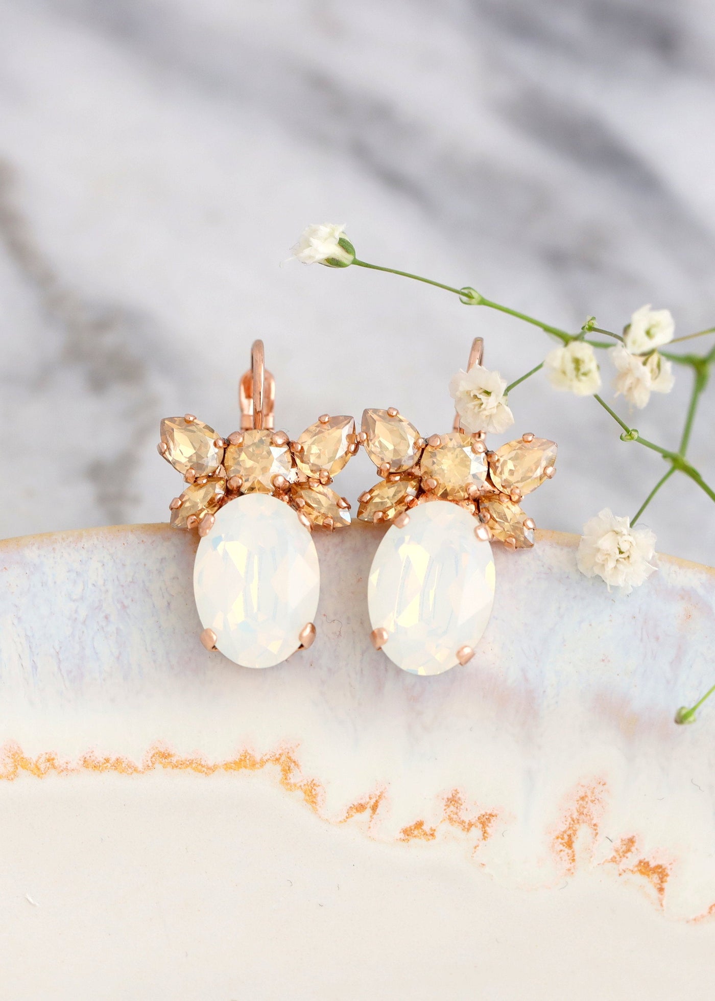 Bridal Opal Drop Earrings, Bridesmaids White Opal Crystal Earrings