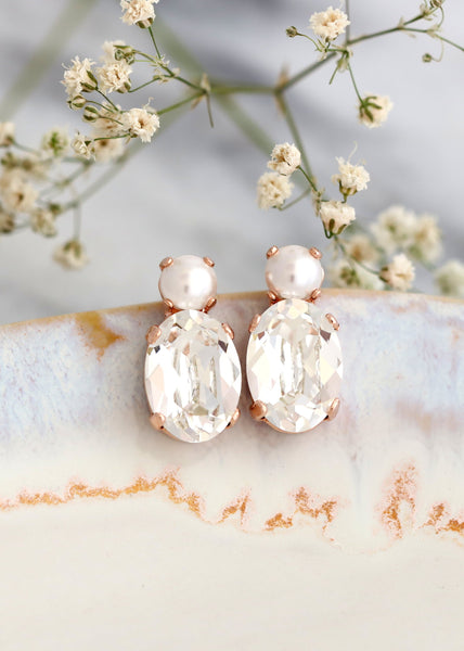 Bridal Earrings, Pearl Crystal Stud Earrings, Bridal Pearl Earrings