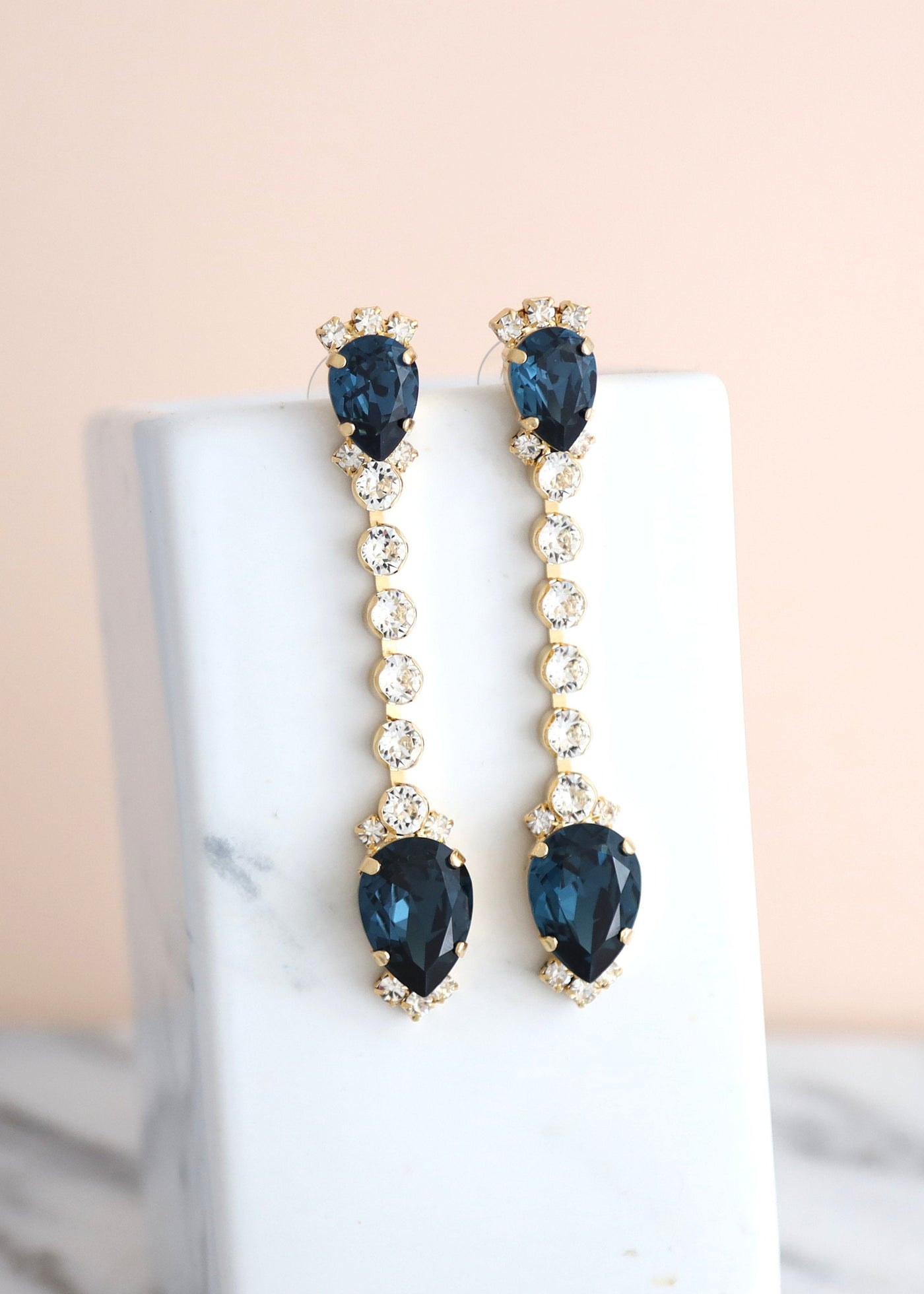Blue Navy Teardrop Crystal Swarovski Chandelier Earrings