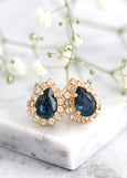 Blue Navy Earrings, Bridal Navy Blue Crystal Stud Earrings