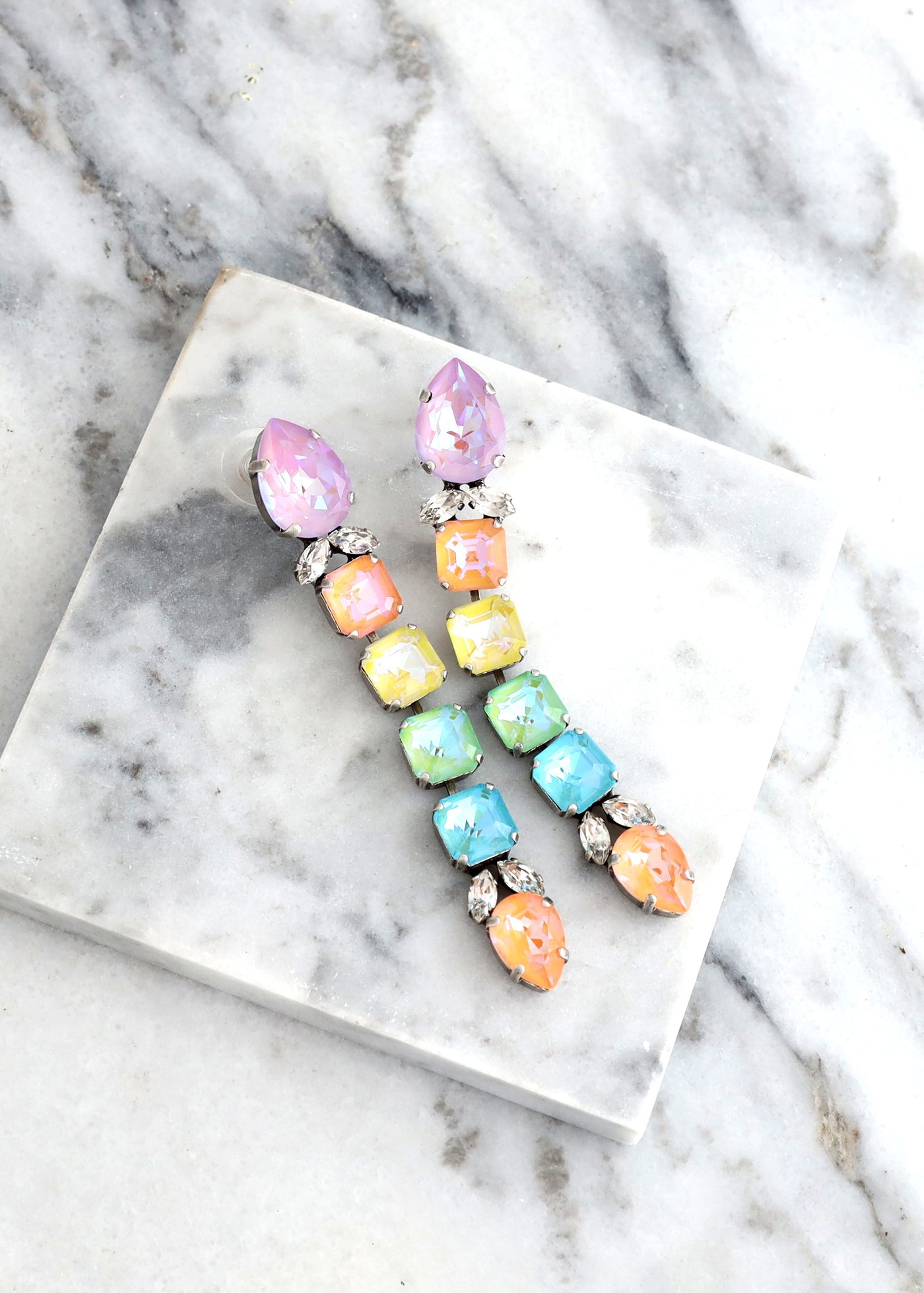 Rainbow Crystal Long Earrings, Chandelier Bridal Earrings