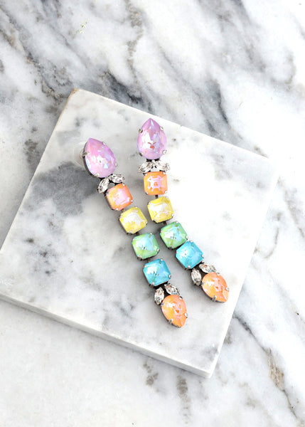 Rainbow Crystal Long Earrings, Chandelier Bridal Earrings
