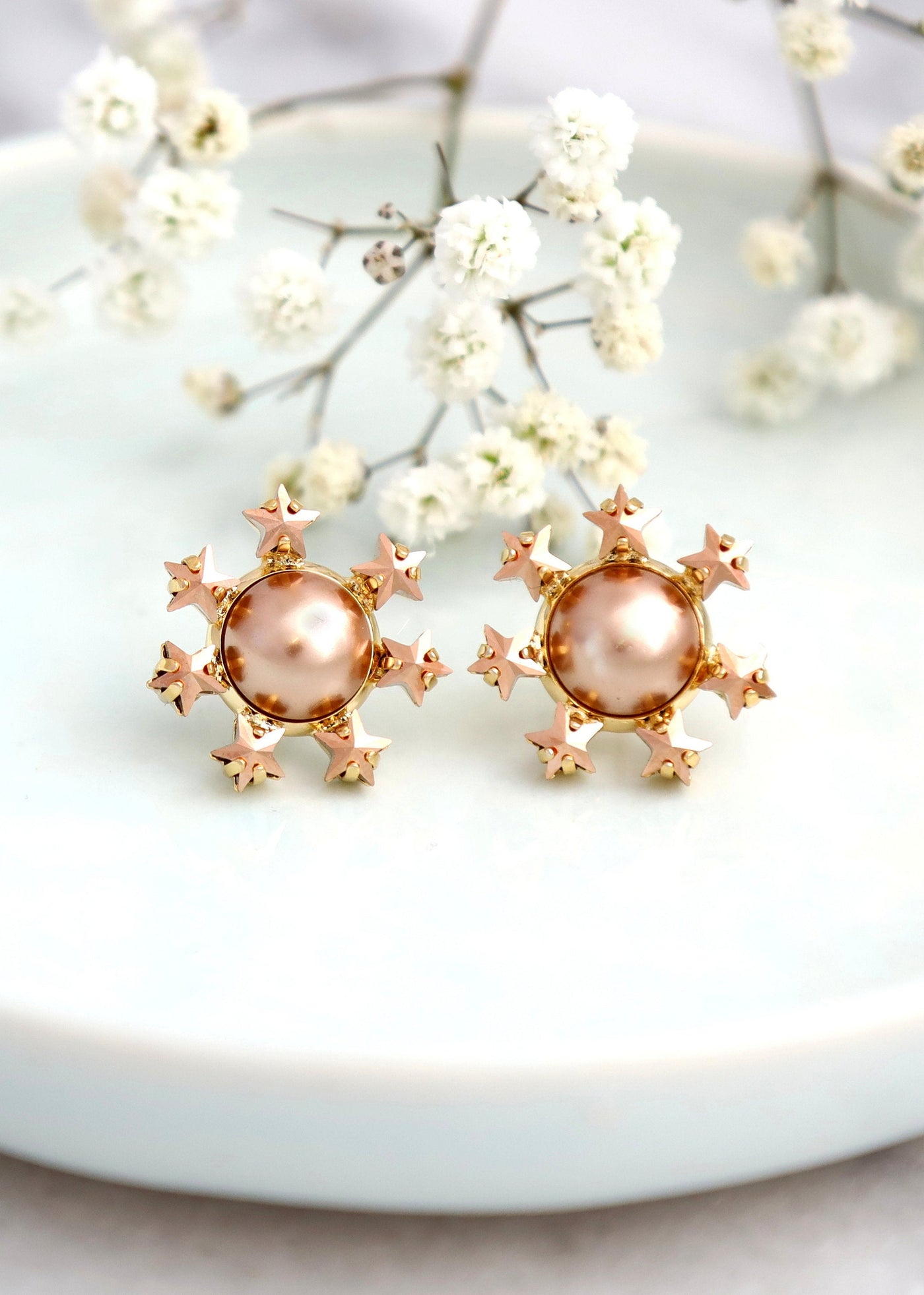 Star Earrings, Rose Cream Pearl Earrings, Pearls Stud Crystal Earrings