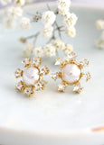 Star and Pearl Stud Earrings, Bridal Pearls Stud Crystal Earrings