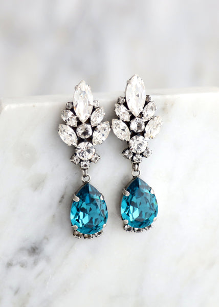 Blue Teal Earrings, Blue Teal Long Chandelier Earrings