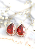 RED EARRINGS, Bridal Ruby Crystal Earrings, Bridesmaids Red Earrings