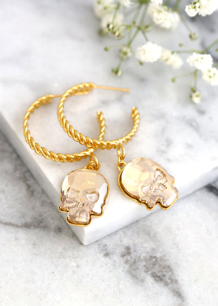 Skull Hoop Earrings, Gold Hoop Earrings, Gothic Bride Earrings