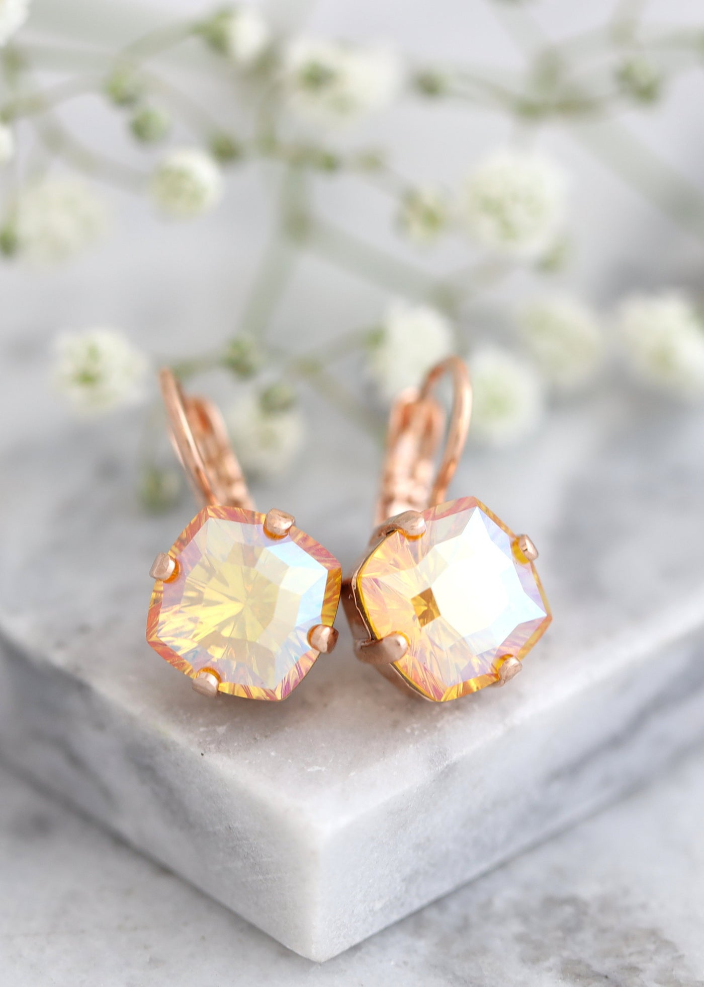 Bridal Peach Gold Earrings, Orange Drop Crystal Earrings
