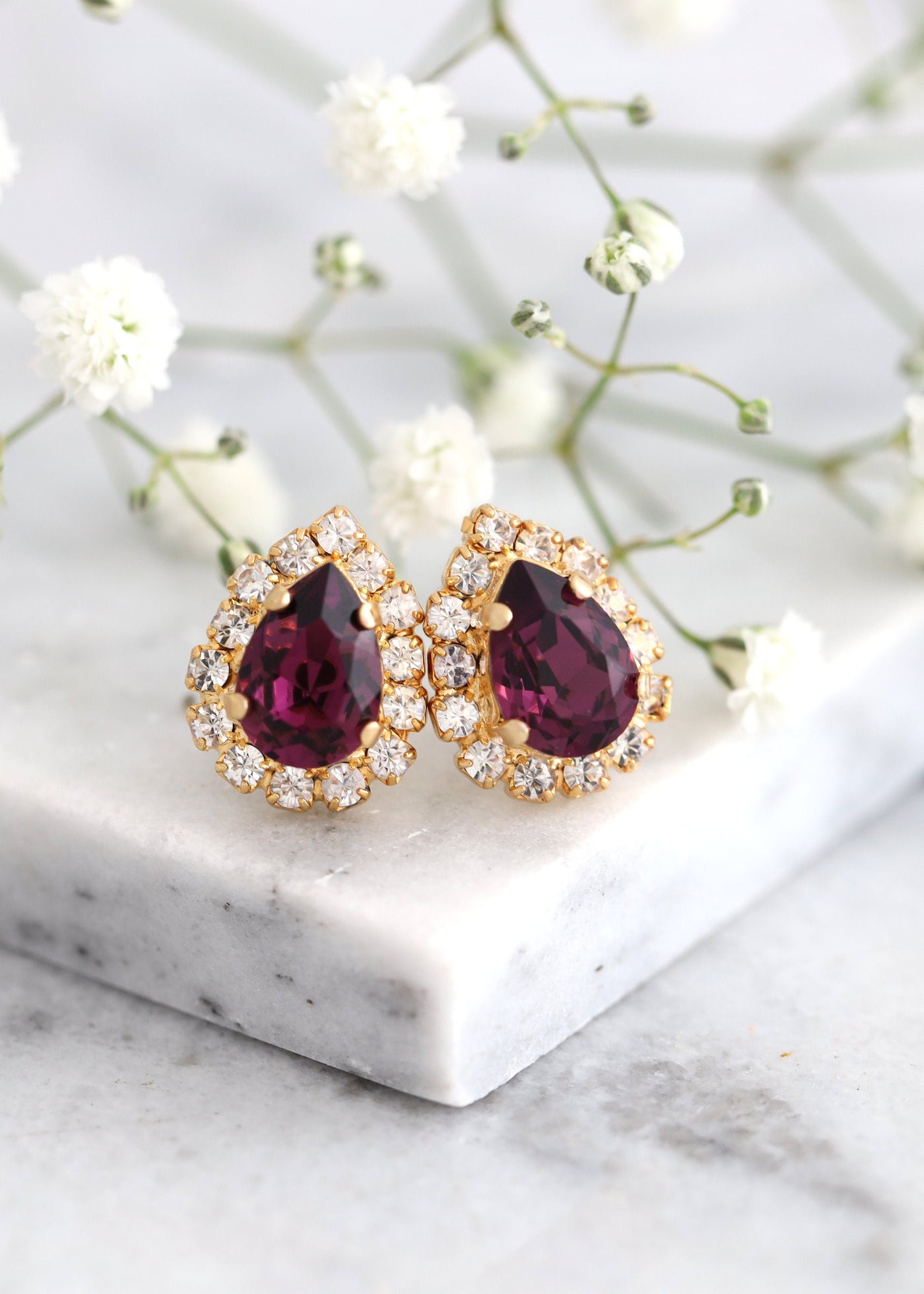 Bridal Purple Earrings, Purple Plum Crystal Stud Earrings