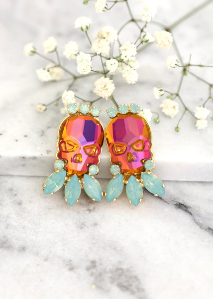 Skull Earrings, Sugar Skull Earrings, Orange Skull Stud Earrings