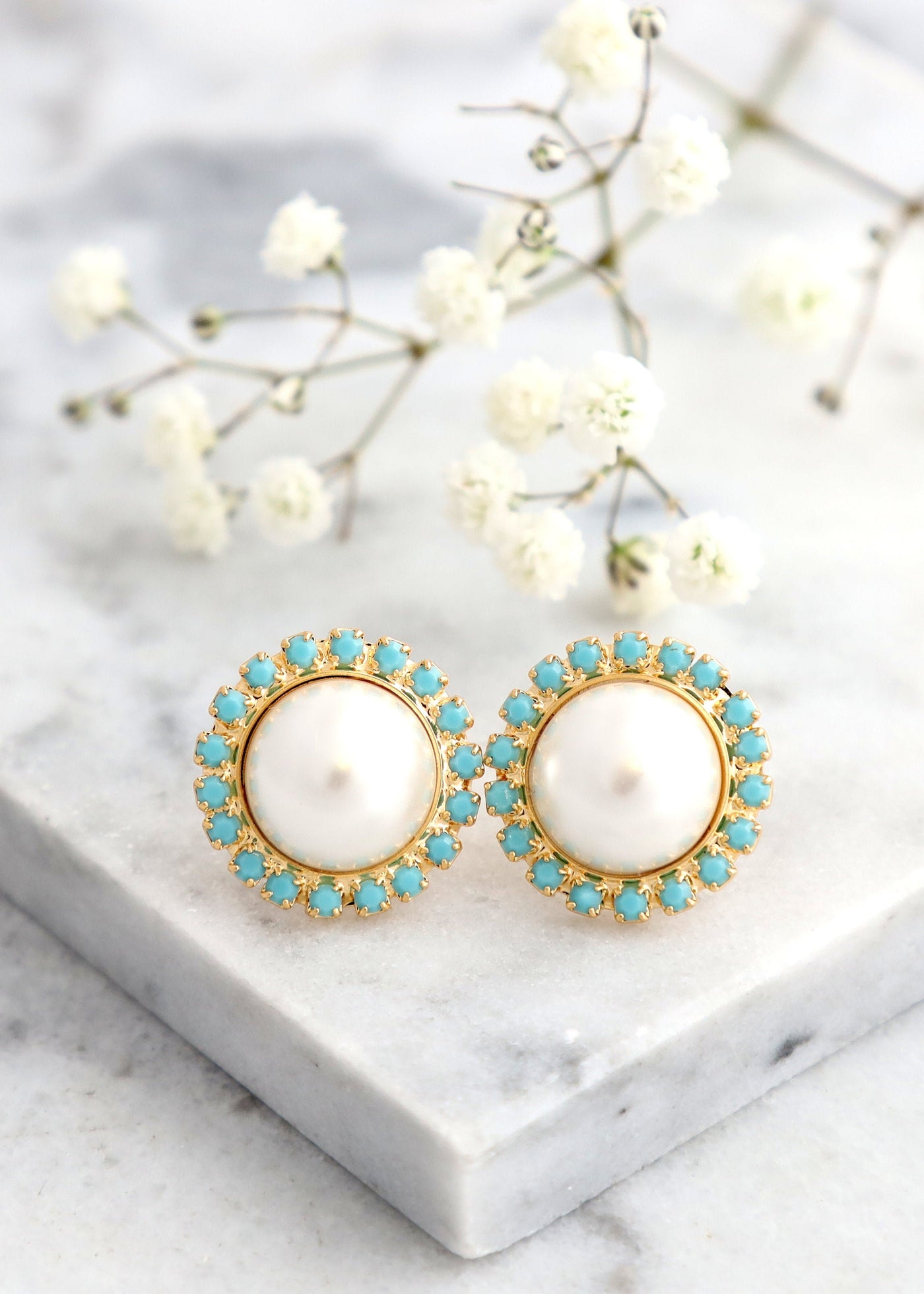 Pearl Turquoise Stud Earrings, Gift For Her, Bridesmaids Earrings