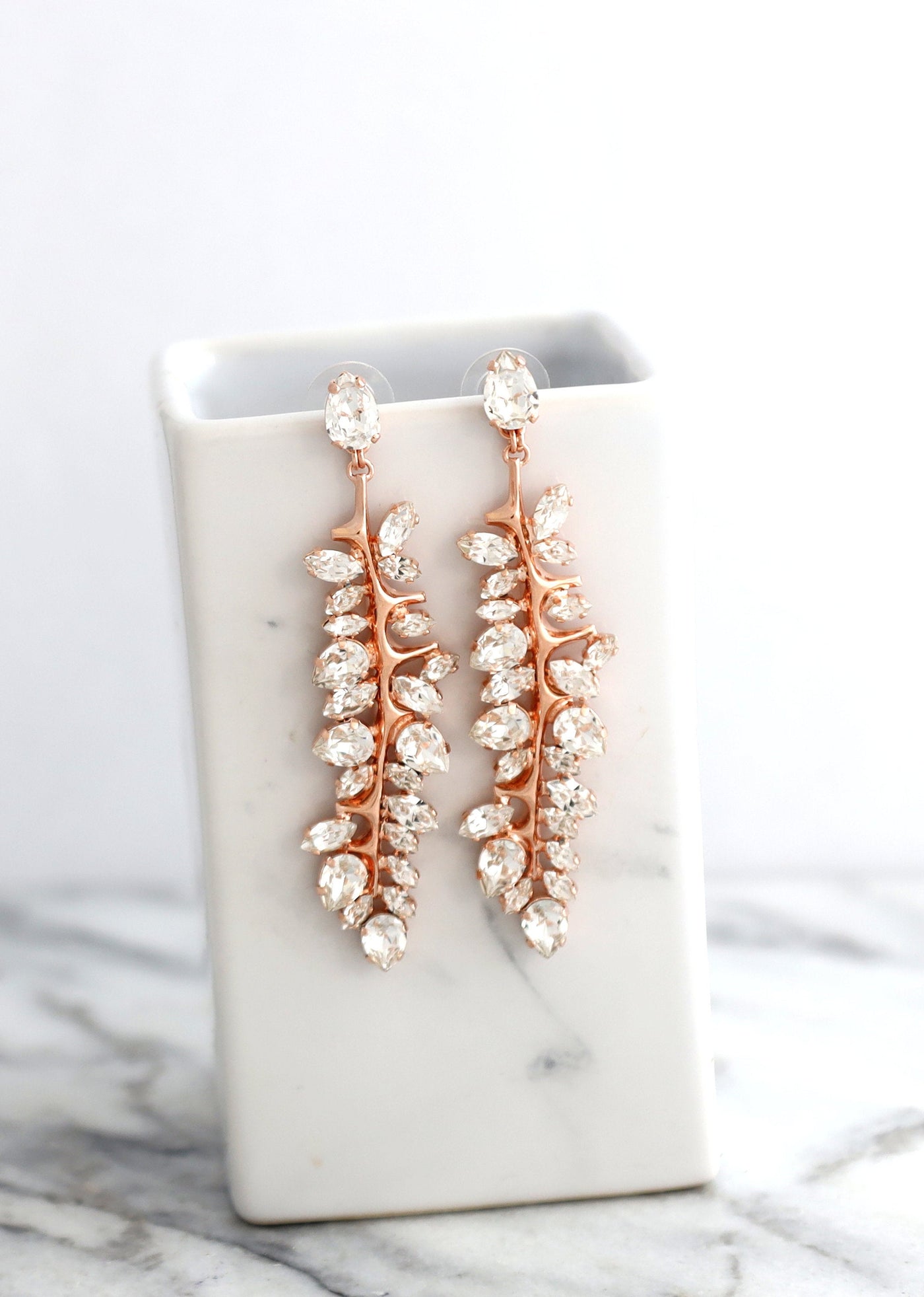 BRIDAL Chandelier Long Earrings, Bridal Long leaf Crystal Earrings