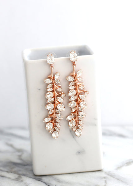 BRIDAL Chandelier Long Earrings, Bridal Long leaf Crystal Earrings