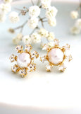 Star and Pearl Stud Earrings, Bridal Pearls Stud Crystal Earrings