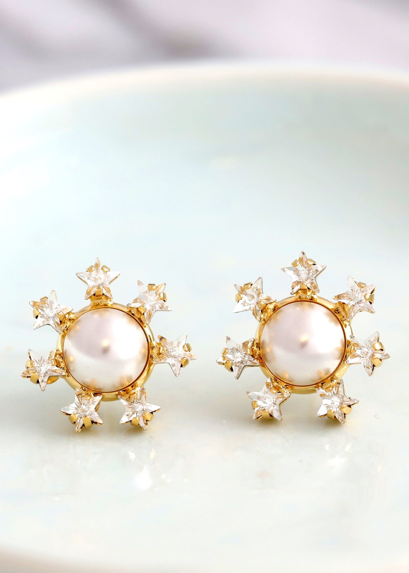 Star and Pearl Stud Earrings, Bridal Pearls Stud Crystal Earrings