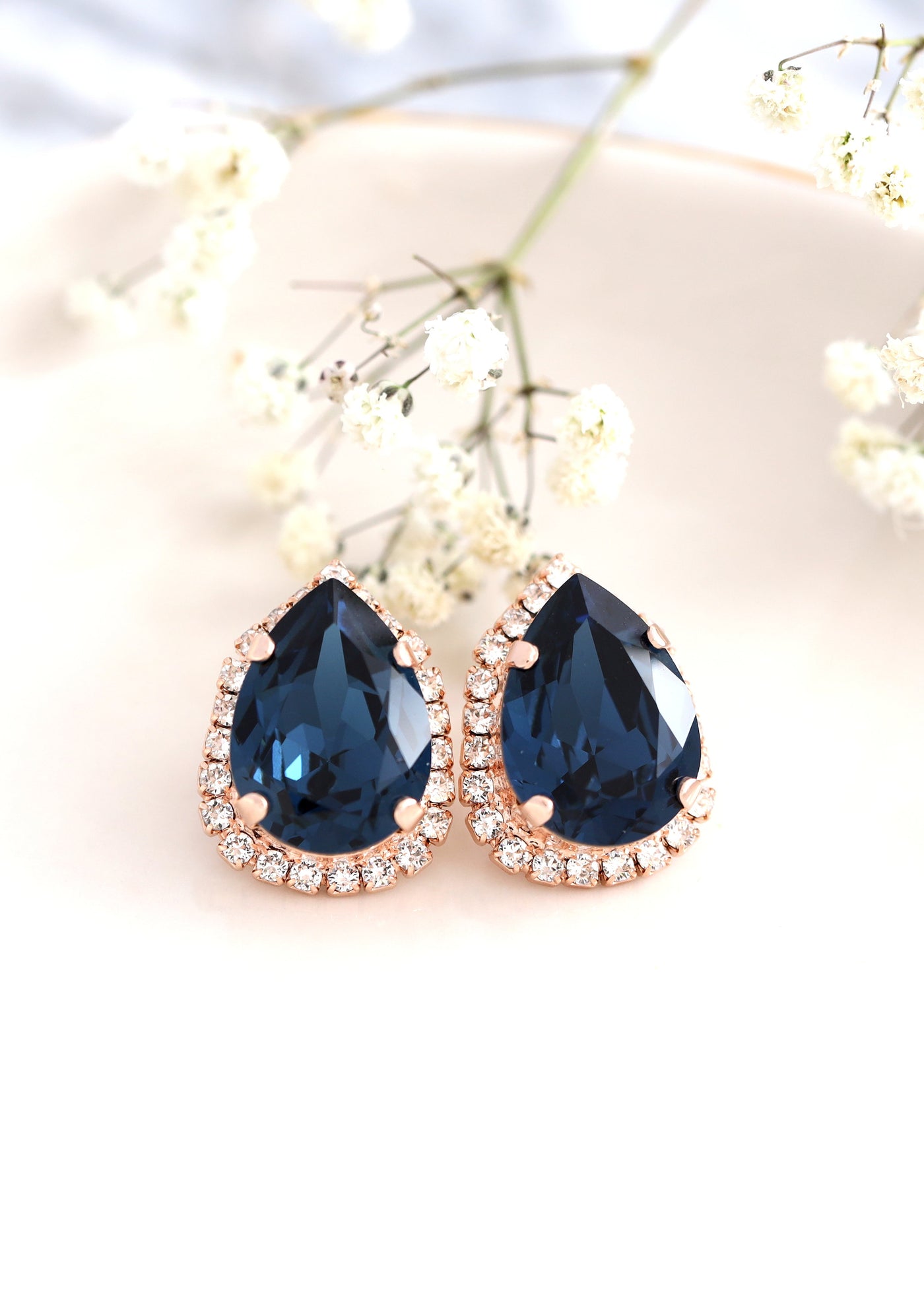 BLUE NAVY EARRINGS, Teardrop Navy Blue Bridal Crystal Earrings