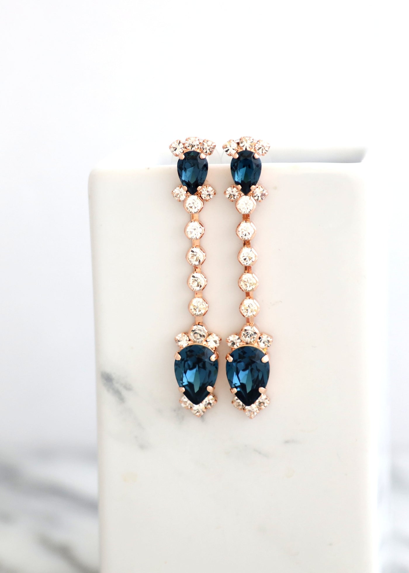 Bridal Blue Navy LONG  Earrings, Navy Blue  Bridal Drop Earrings