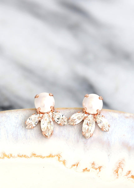 Bridal Pearl Crystal Earrings, Bridesmaids White Vegan Pearl Earrings