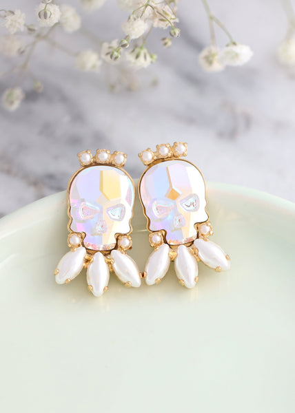 Bridal Skull Gothic Crystal Earrings, Sugar Skull Stud Earrings